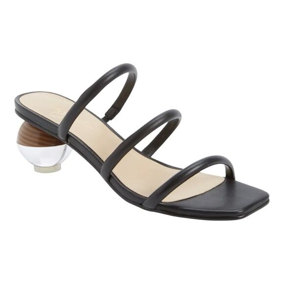 42 Gold Motif Black Leather Sculpture Orblike Heel Slide Sandal Size 9 - Picture 1 of 7